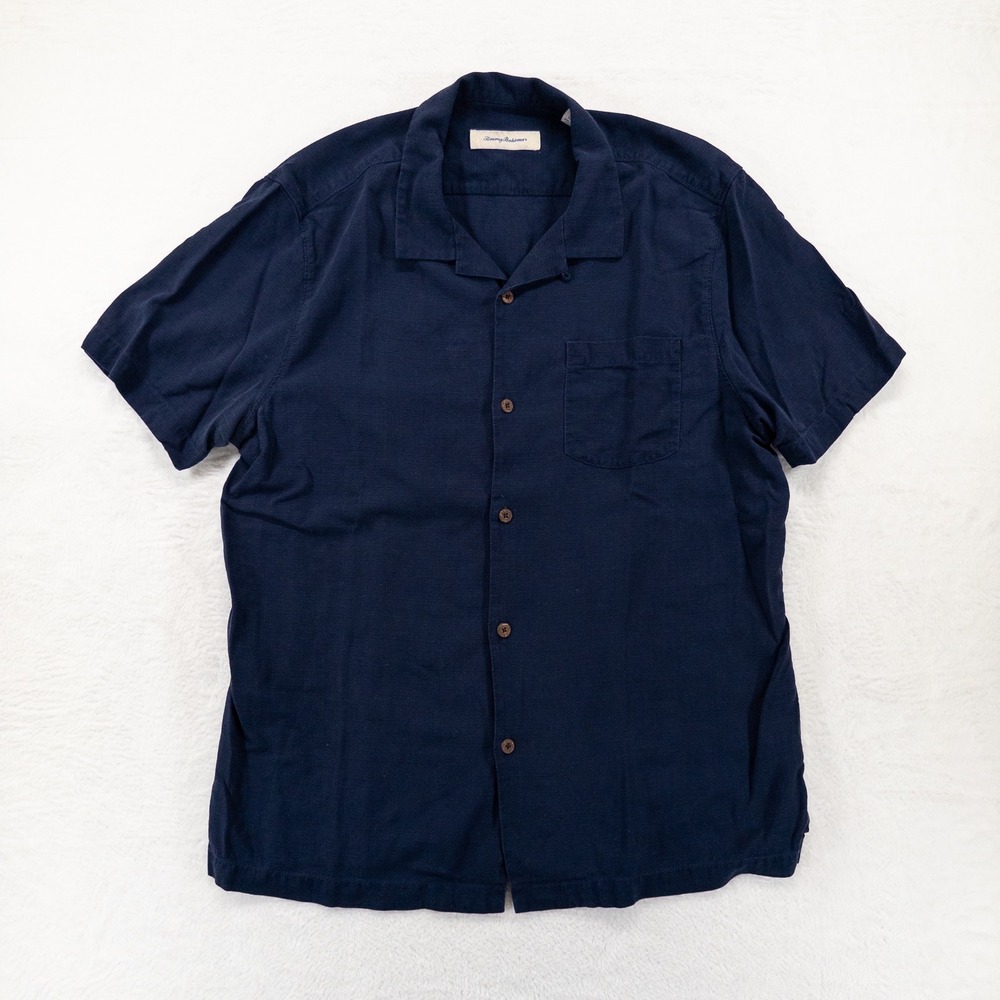 Tommy Bahama Mens Shirt XL Navy Blue 100% Silk Short Sleeve Camp Pocket Casual